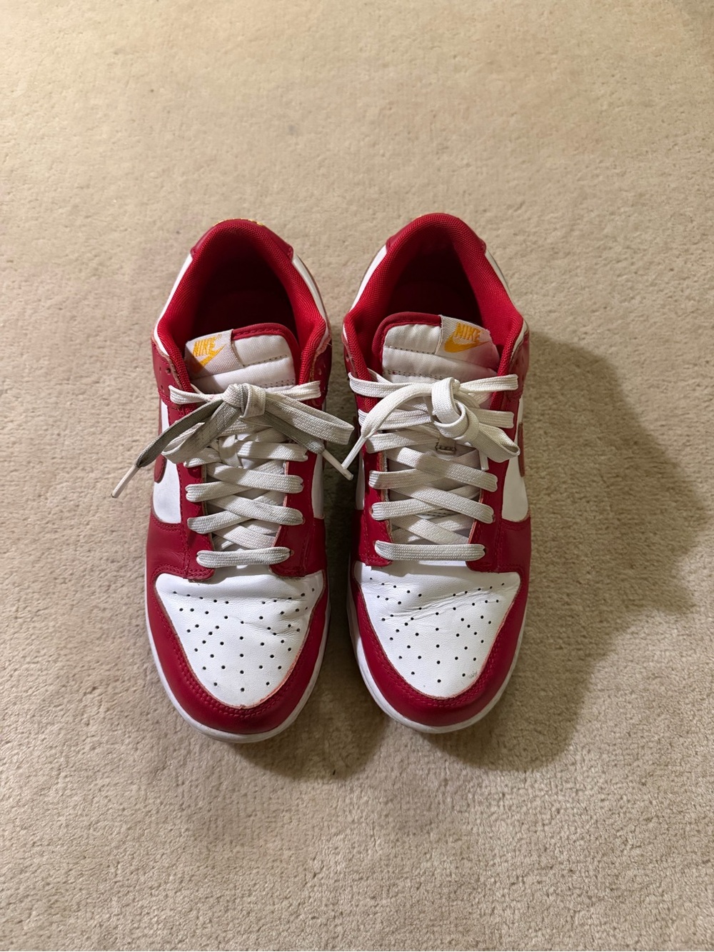 Nike Kids Red and White Low-Top Sneakers with Yellow Logo
